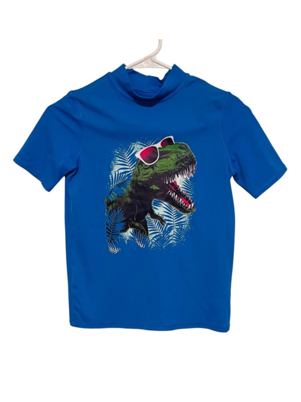 Lands' End Dinosaur Swim Shirt Rash Guard Boys 8 Small Blue Beach Pool Dino Tee